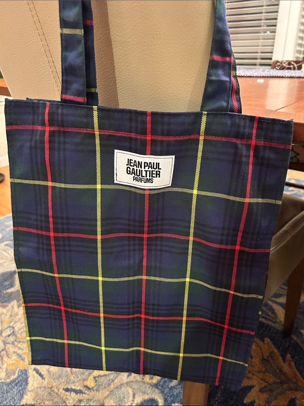 Jean Paul Gaultier Green/Navy Tartan Plaid Tote with Red and Yellow stripes